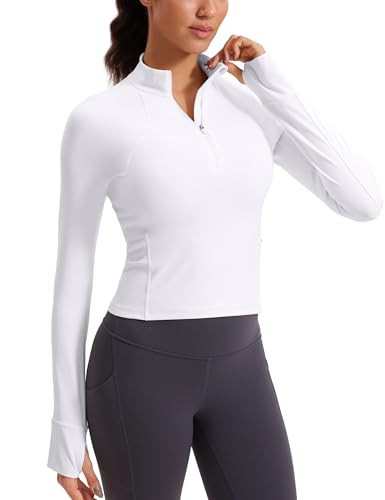CRZ YOGA Women's Butterluxe Long Sleeve Workout Shirts Half Quarter Zip Athletic Tops Crop Collared T-Shirt White Medium | Amazon (US)