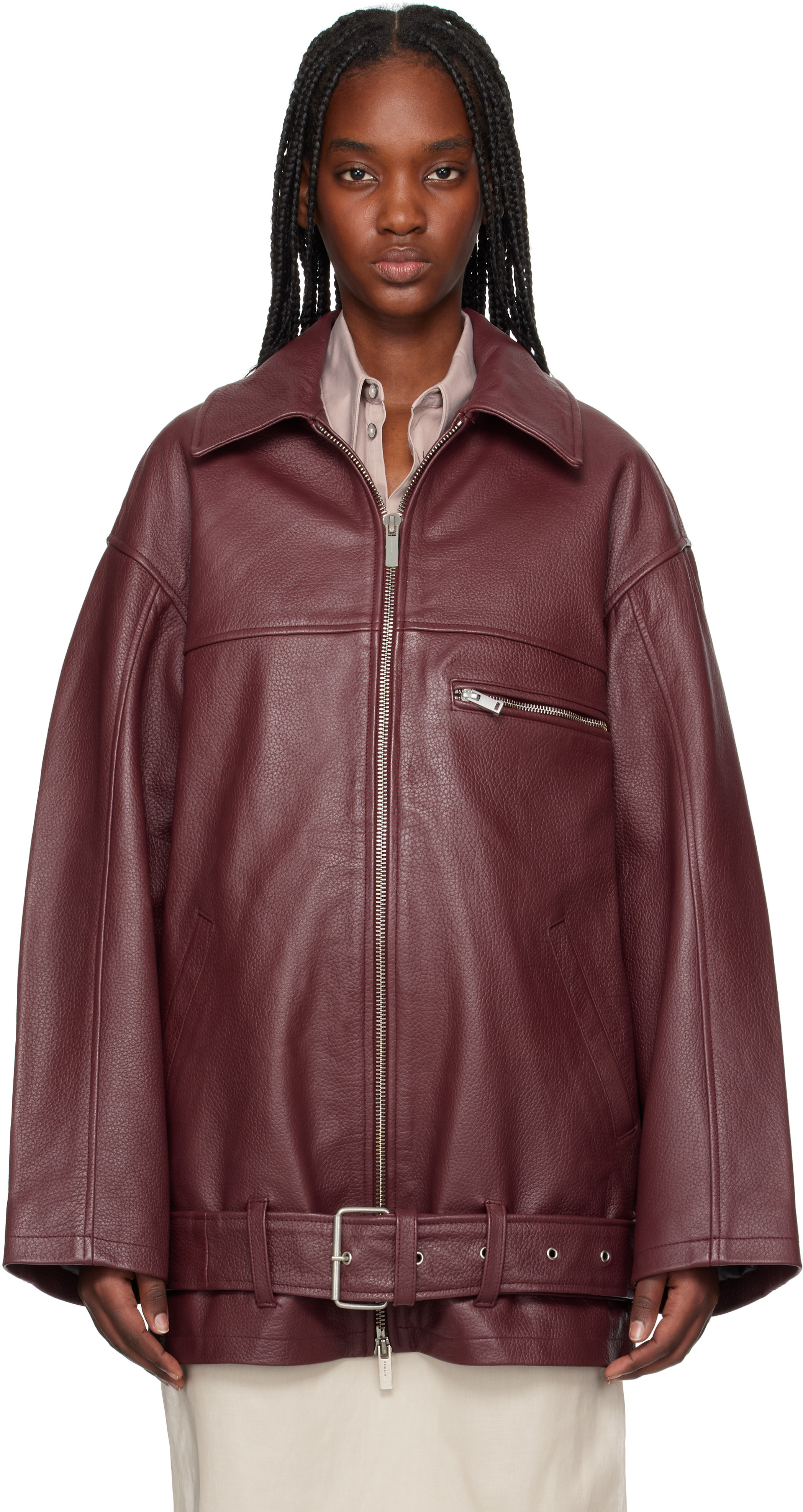 REMAIN Birger Christensen Burgundy Oversize Leather Jacket | SSENSE