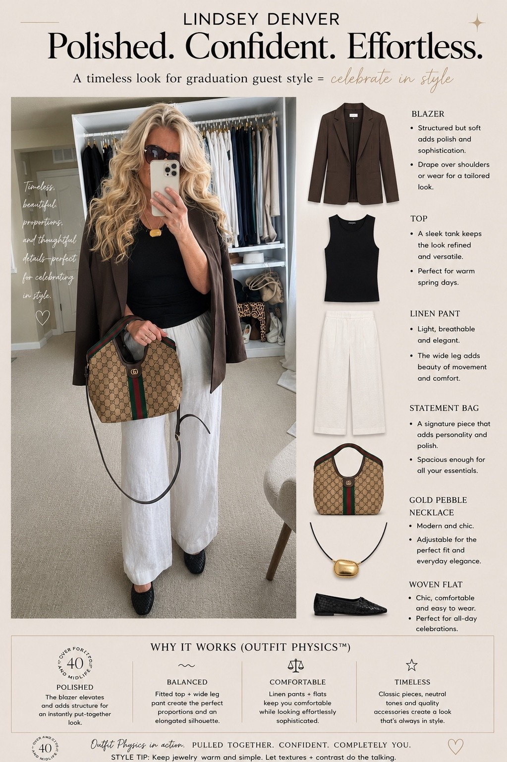 ✨Tap the bell, save and ❤️ for over 40 fashion, midlife style, midsize fashion and luxury looks for less. 

Graduation guest dressing after 40 used to feel impossible to me.

Too stiff. Too trendy. Too uncomfortable. Too much.

Now I look for outfits that feel polished without trying too hard:
• soft structure
• clean lines
• comfortable movement
• elevated accessories
• pieces that feel timeless instead of trendy

This is the kind of outfit that lets you celebrate the moment and still feel completely like yourself.

Polished. Confident. Effortless. 🤍

👑"Helping you look good, feel good!" - Lindsey Denver

⬇️Sizing information:
Pants large (size down if in between sizes.)
Sweater large (size up if in between sizes.) 
Blazer 10 tts

#LTKOver40
