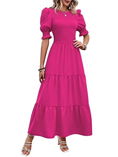 BTFBM Women Casual Summer Dresses 2025 Spring Crew Neck Ruffle Short Sleeve Floral Print Smocked Boho Flowy Maxi Dress(Solid Rose Red, X-Large) | Amazon (US)