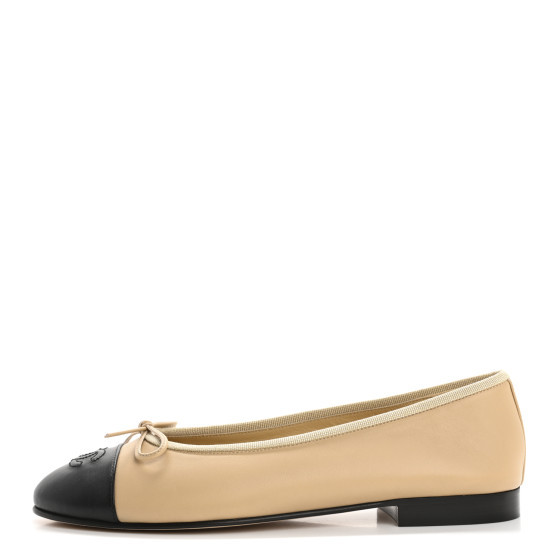 Lambskin Cap Toe CC Ballerina Flats 38 Beige Black | FASHIONPHILE (US)