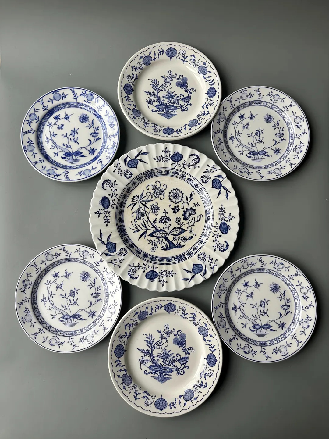 Set of 7 Vintage Porcelain Plates. Wall Display Decor. Blue Onion Pattern. Blue and White Transfe... | Etsy (US)