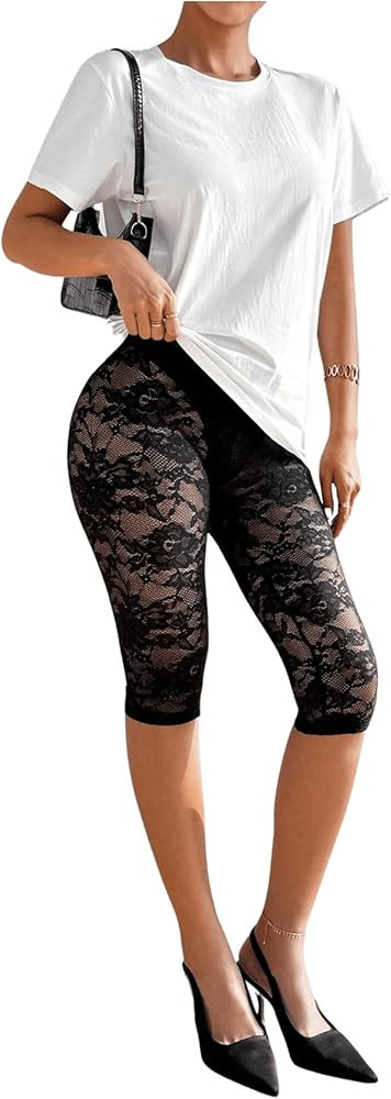 Women's Lace See Through Capri Pants Elastic High Waisted Skinny Leggings Cropped Trousers | Amazon (US)