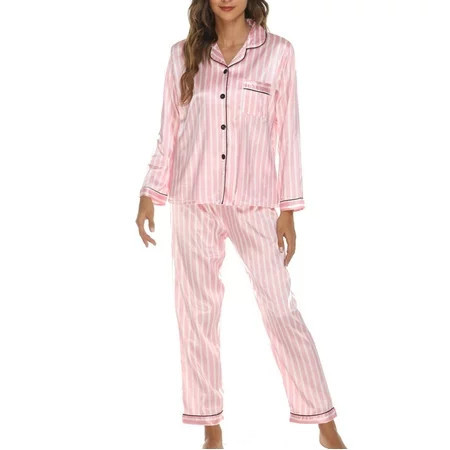 Women s Satin Pajama Set 2-Piece Sleepwear Loungewear Long Sleeve Button Down Silky PJ Set | Walmart (US)
