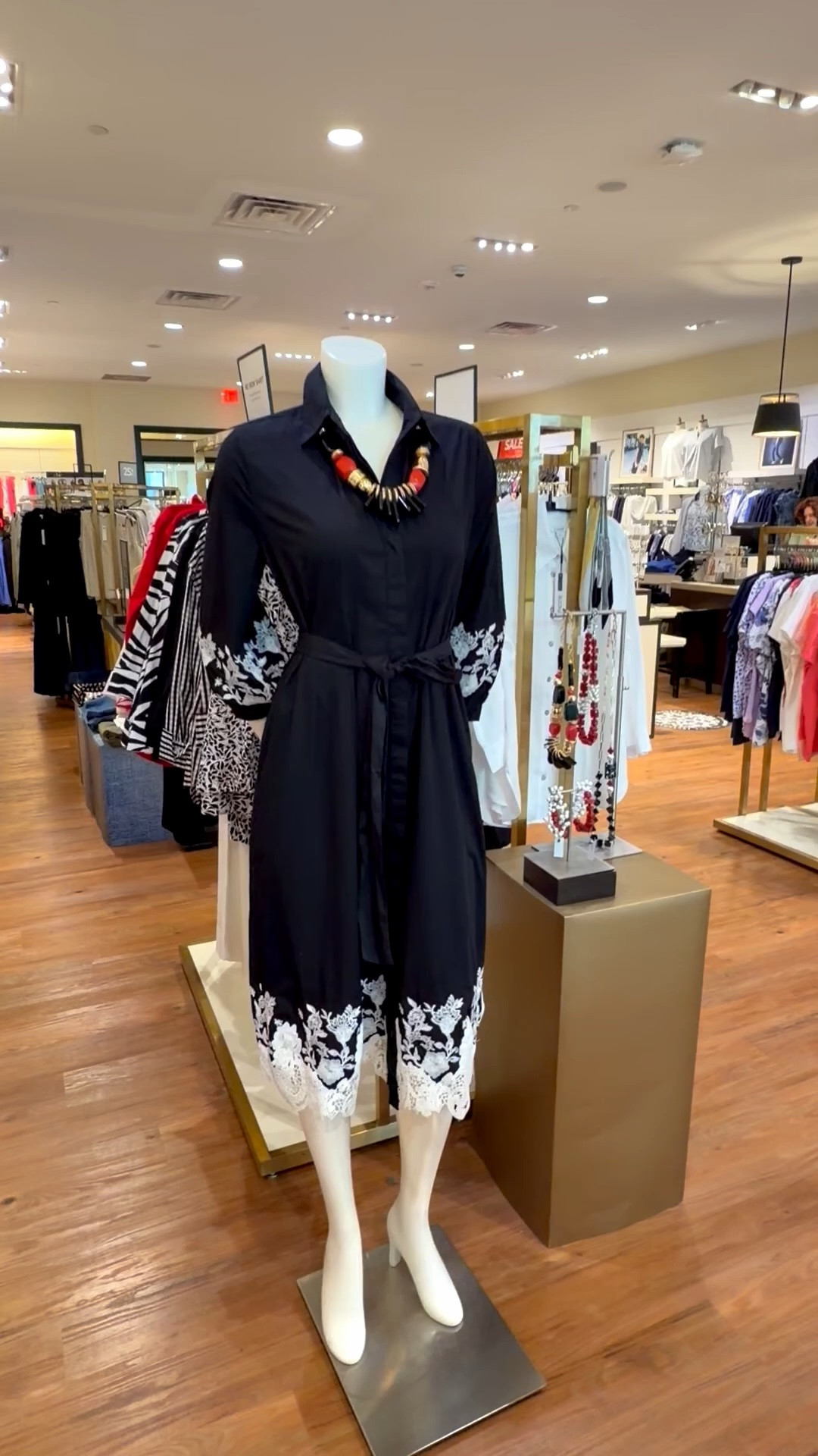 Black dress with white lace embroidery. Wear to work, lunch, casual dinner or dress it up with pearls. 
Statement necklace. Chico’s does the best fashion hew for style and budget friendly.

#LTKOver40 #LTKgrwm #LTKWorkwear