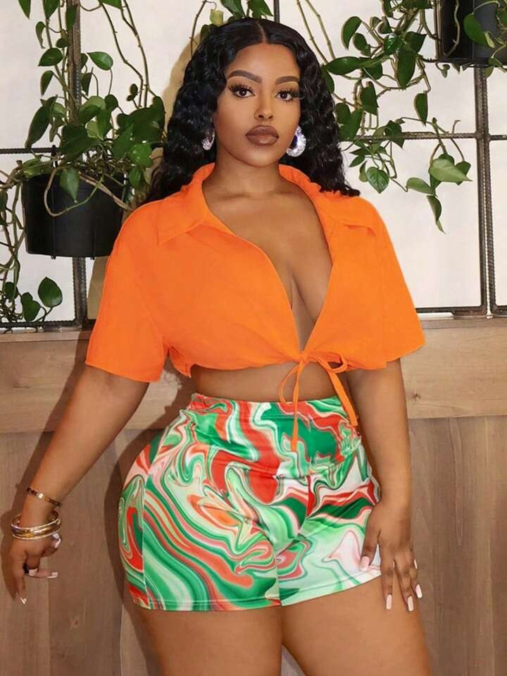 SHEIN Slayr Plus-Size Vacation Sexy Shirt-Style Deep V-Neck Drawstring Band Water Ripple Pattern ... | SHEIN