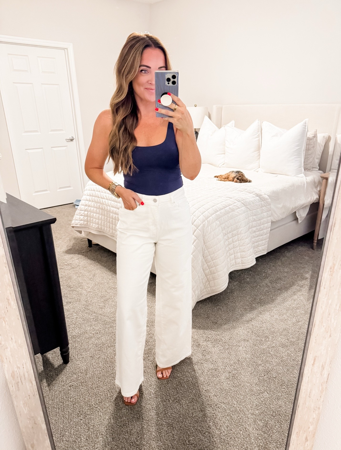 Denim - 4 (sz down), bodysuit - M 
5’2” 140 lbs 
—
Amazon bodysuit | Walmart denim | White denim | Loose denim | Wide leg denim | Walmart fashion | Amazon sandals | The Drop sandals | 4th of July look

#LTKSeasonal #LTKWorkwear #LTKgrwm