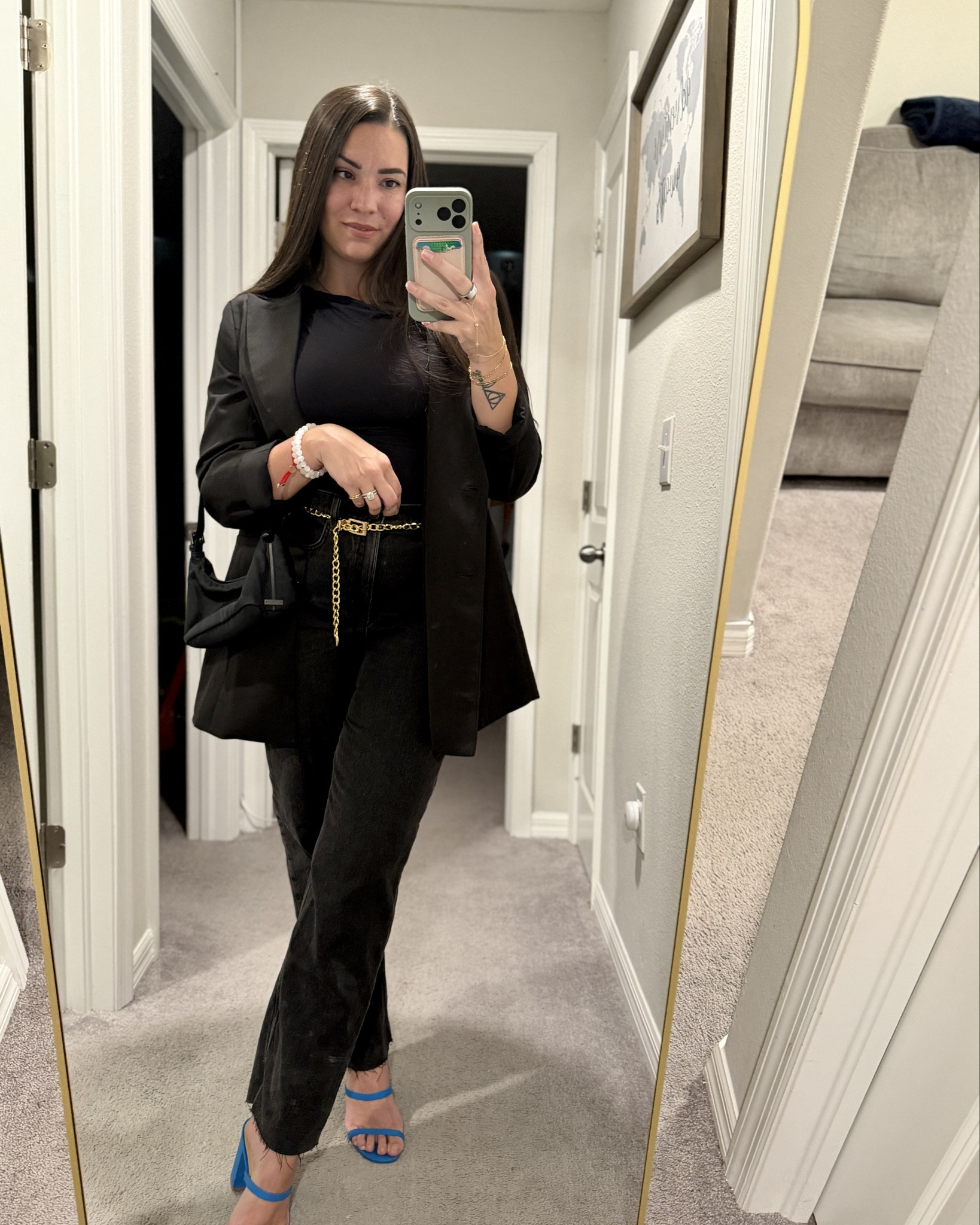 Black blazer, asymmetrical shirt, black jeans and a pop of color with my heels. Perfect for a rainy date night 💙👡 #DateNight #LTKStyleTip #Blazer #MomJeans (bag @coach)

#LTKootd #LTKdayinmylife #LTKmomlife