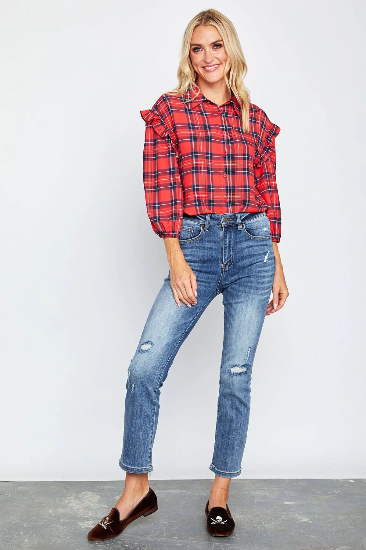 Sugarlips Plaid Ruffle Sleeve Button Down | Social Threads