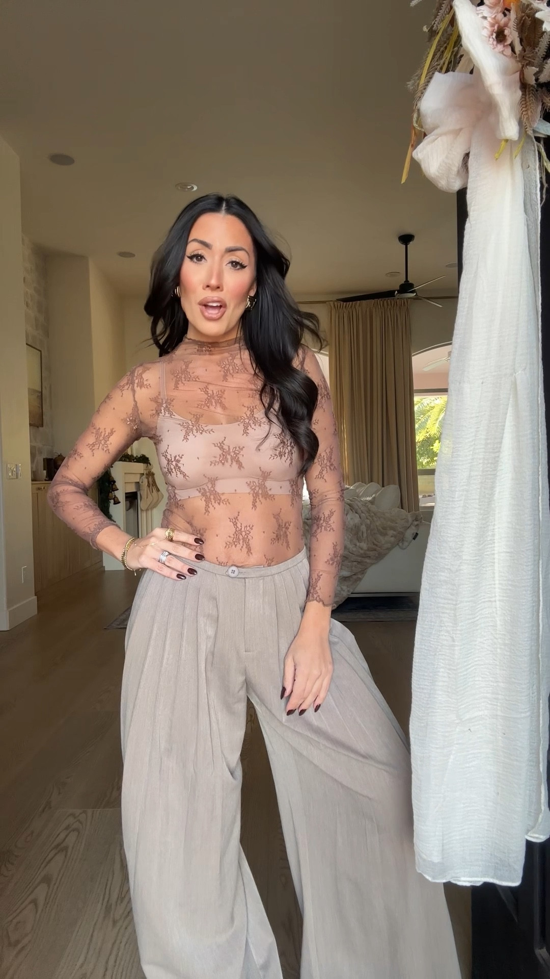 THANKSGIVING OUTFIT INSPO 🍂 drop the word DETAILS to get it all sent to you! This look was a last minute decision for my Friendsgiving over the weekend & I loved her! Size down in the @prettylittlething trousers as they run big and are an extra wide fit! 

#thanksgivingoutfit #layering #widelegpants #lacetop #holidayoutfits #hosting

#LTKStyleTip #LTKParties #LTKSeasonal