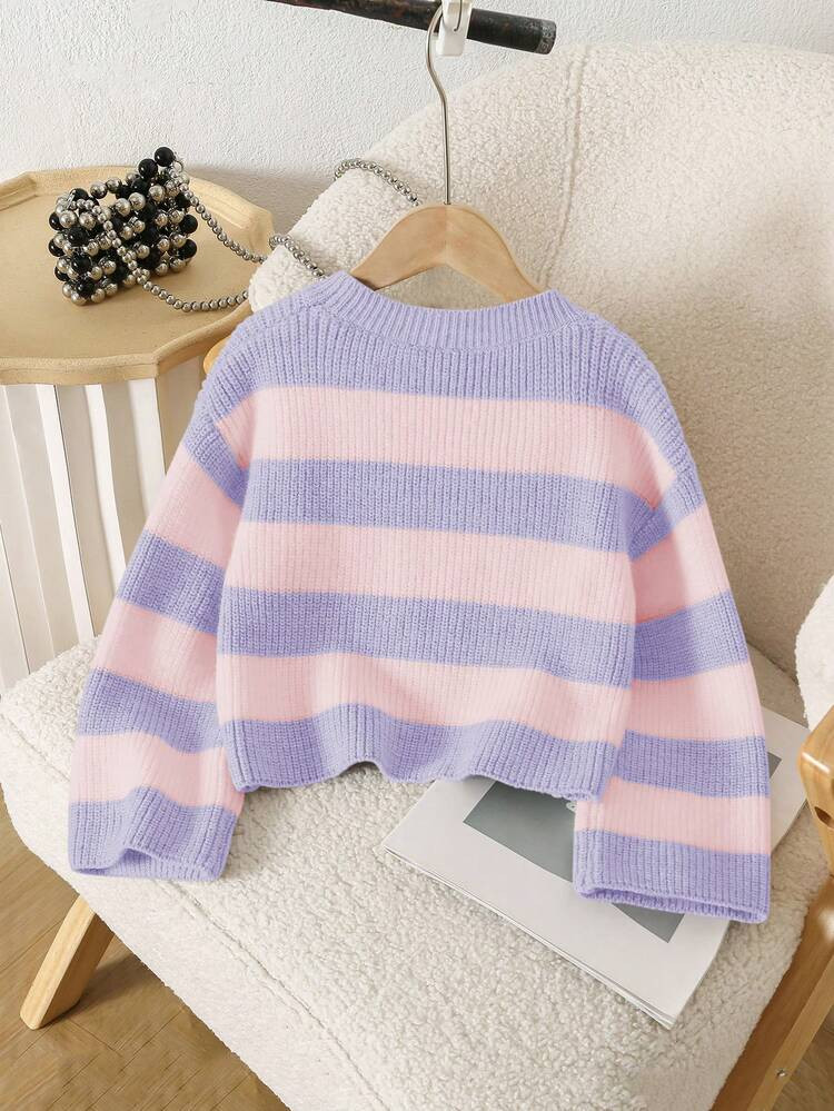 Souflis Souflis Young Girl Casual Colorblock Striped Round Neck Raglan Sweater, Autumn/Winter Kid... | SHEIN