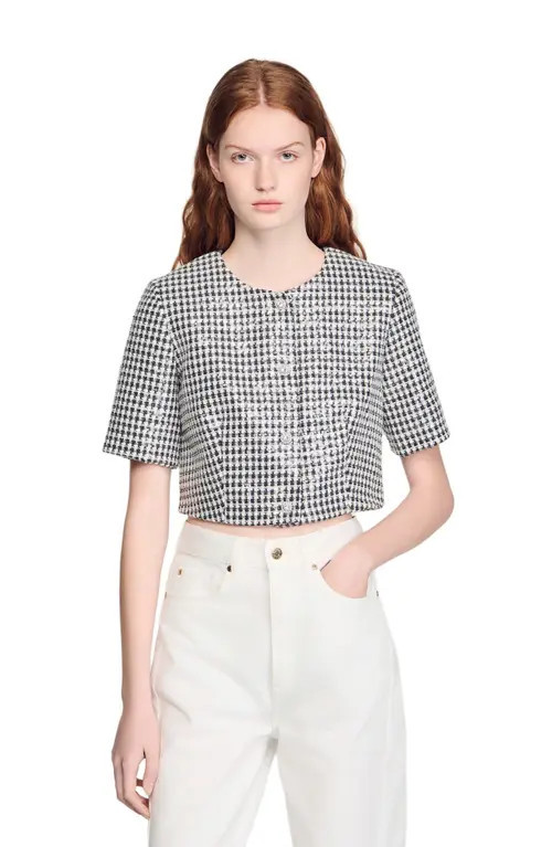 SANDRO Cropped houndstooth tweed jacket in Black /White at Nordstrom, Size 40 Eu | Nordstrom