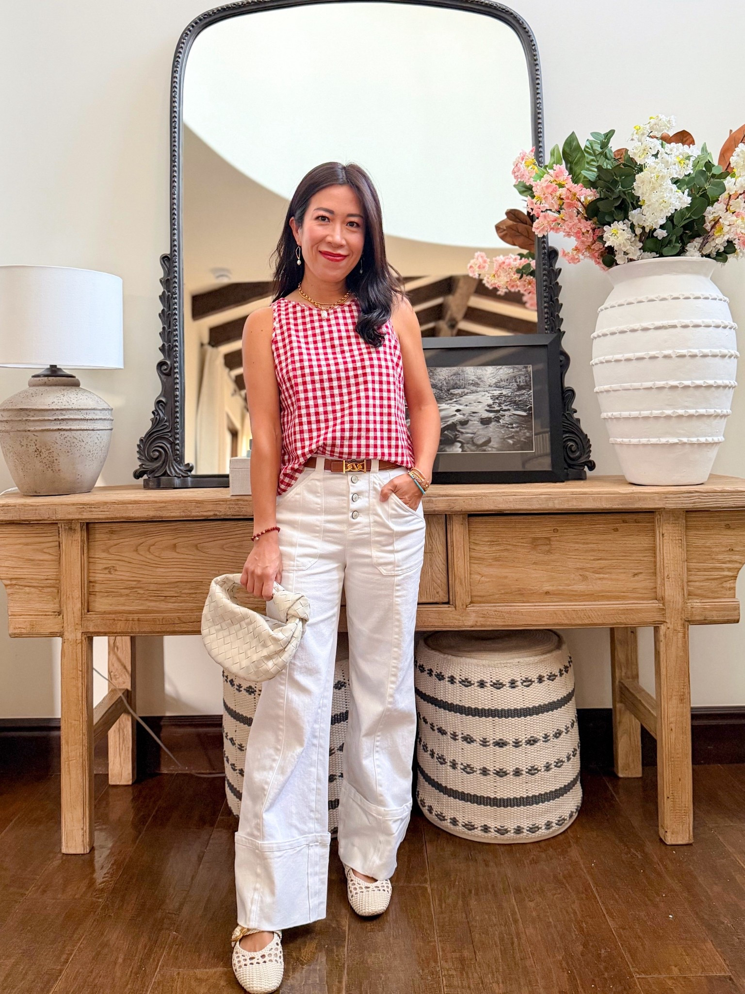 
Weekend outfit,  Red gingham sleeveless top and white denim for summer!  

#LTKOver40