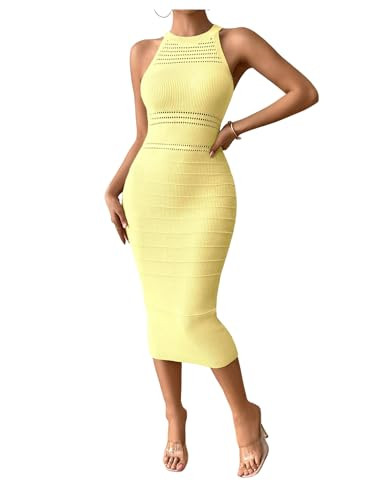 GORGLITTER Women's Crochet Halter Bodycon Midi Dresses Sleeveless Knit Sweater Dress Wedding Gues... | Amazon (US)
