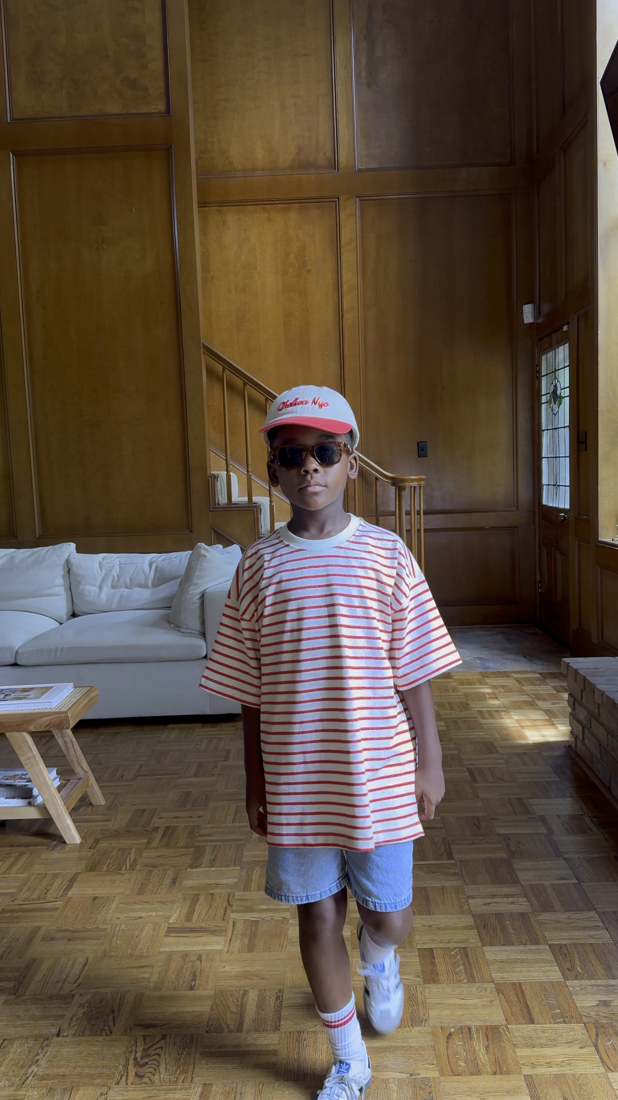 Boys red and white stripe shirt, blue jeans shorts, stripe socks, adidas samba sneakers 

#LTKShoeCrush #LTKKids #LTKVideo