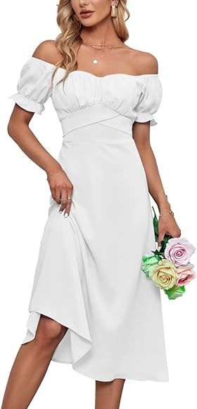 LYANER Women's Off Shoulder Wrap Ruffle Puff Short Sleeve Ruched Tie Back Dress | Amazon (US)