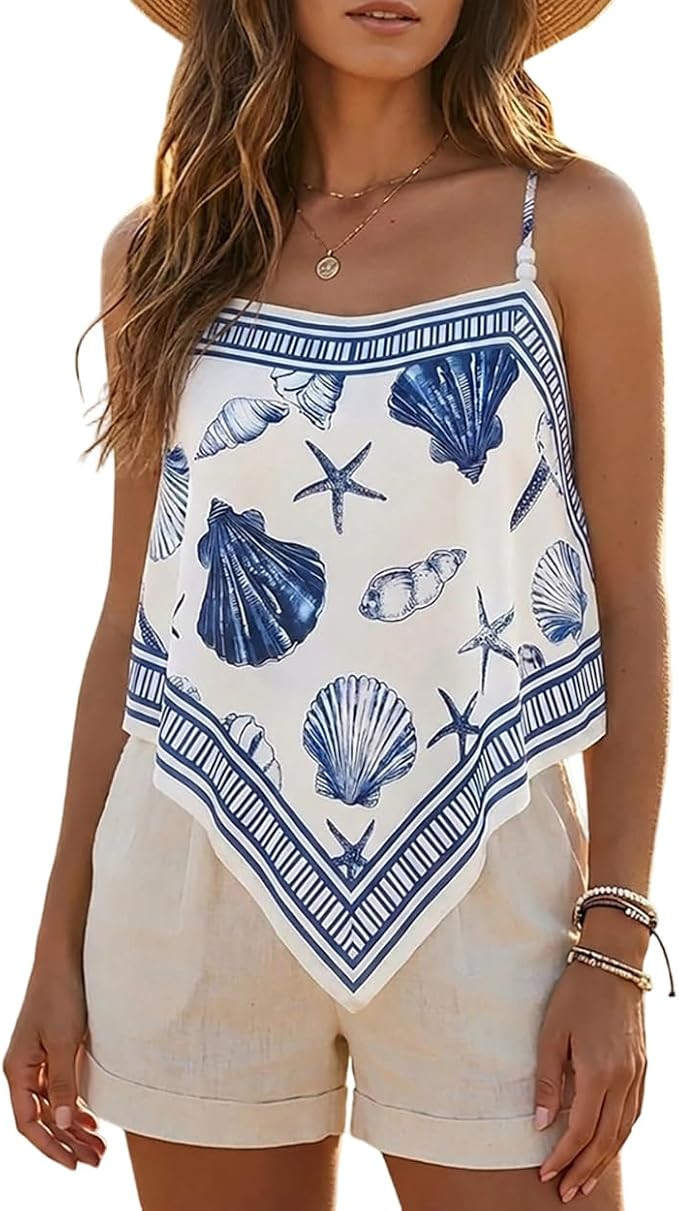 CHICME Tropical Tops for Women Parrot Floral Print Cami Top Beaded Spaghetti Strap Boho Vacation ... | Amazon (US)