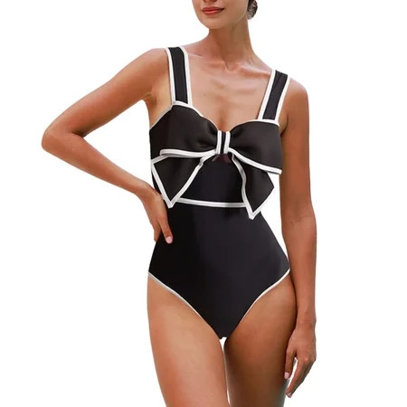 Flaxmaker Women One Piece Swimsuit Black and White Bow-tie Cut Out Polka dot Print Bathing Suit Two pieces Swimwear Set | Walmart (US)