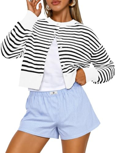 Trendy Queen Striped Cropped Cardigan Sweaters for Women Lightweight Crop Cotton Knit Y2k Fall Outfits Fashion Clothes 2026 White Black M | Amazon (US)