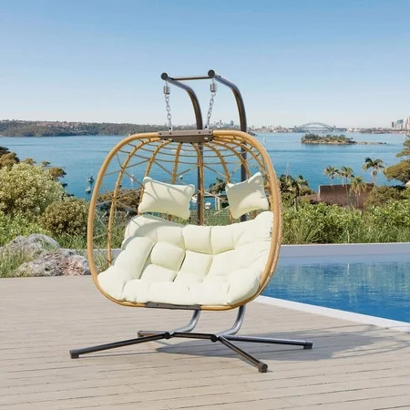 Bifanuo Double Wicker Swing Egg Chair Hammock Foldable Hanging Loveseat with Stand, UV Resistant Removable Cushions, 600LBS Capacity for Bedroom, Balcony | Walmart (US)