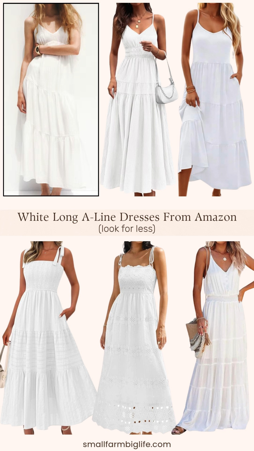 White maxi dresses are having such a moment right now and these Amazon options give you that elevated summer look for so much less than you would expect. I rounded up five beautiful white long A-line styles including smocked sundresses, flowy tiered maxi dresses, eyelet cotton options, and spaghetti strap beach dresses, all perfect for summer vacations, outdoor events, or just an easy elevated everyday look. Several have pockets and adjustable straps which makes them even better. Tap to shop! 

 #LTKgrwm #LTKootd #LTKOver40