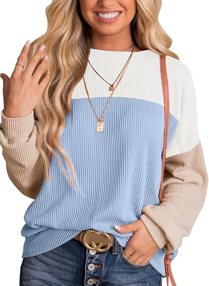 Dokotoo Womens Fashion 2024 Color Block Long Sleeve Crewneck Knitted Casual Loose Pullover Shirts... | Amazon (US)