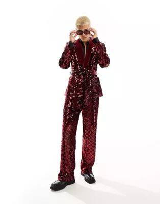 ASOS DESIGN skinny suit in diamond sequin in burgundy | ASOS (Global)