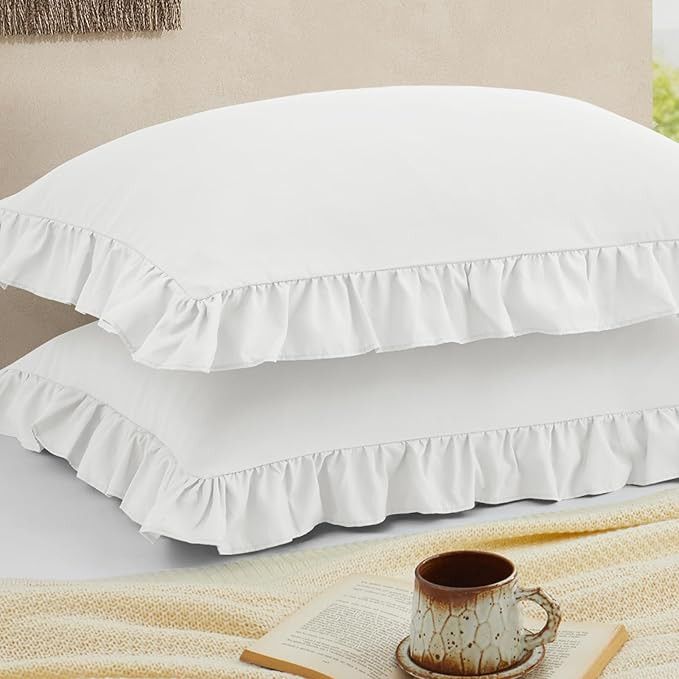 Ruffled Pillow Cases Set of 2, White Standard Pillow Shams Brushed Microfiber Edge Ruffled Soft P... | Amazon (US)