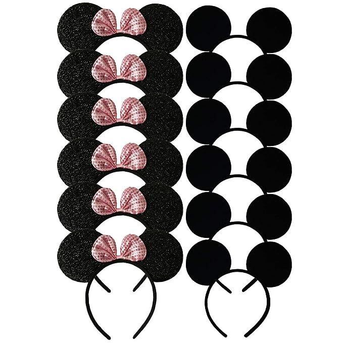 CHuangQi Mouse Ears Solid Black and Pink Sequins Bow, Set of 12 | Amazon (US)