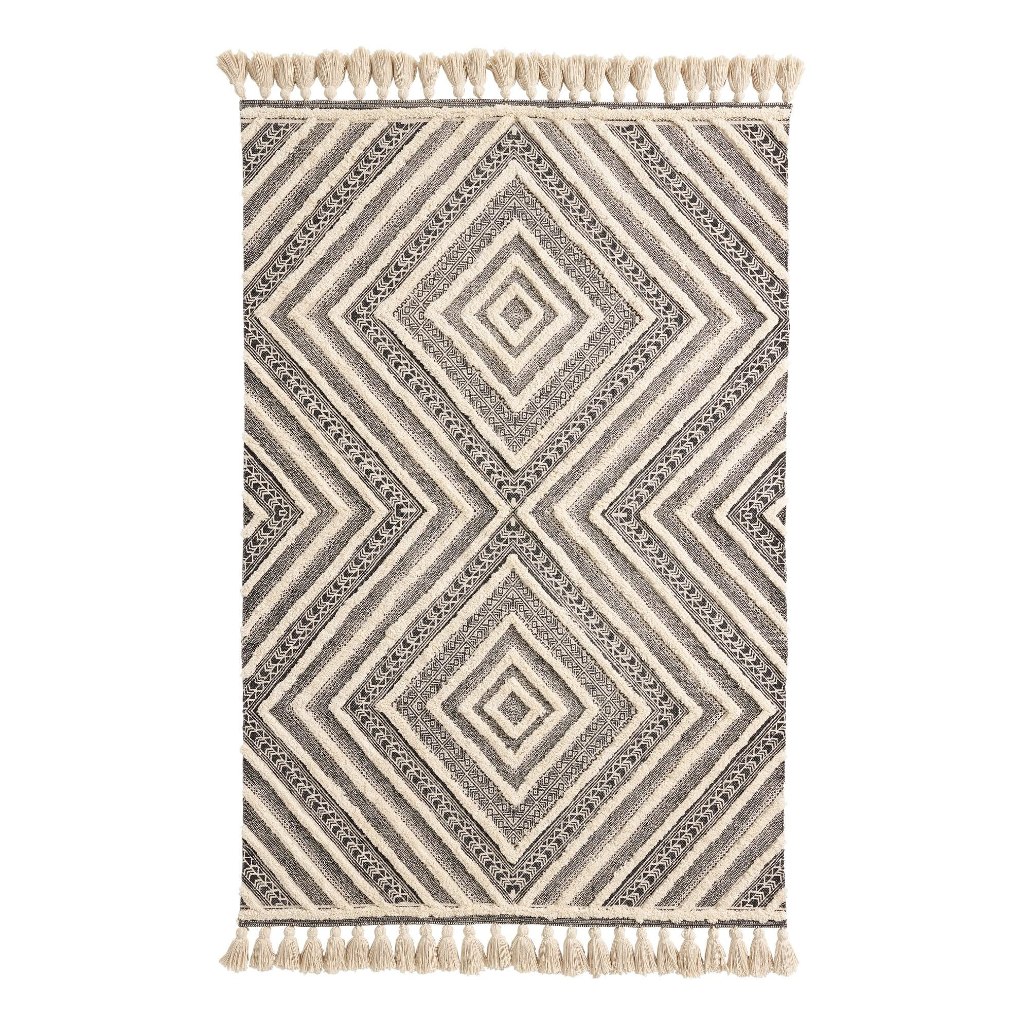 Black and Ivory Tufted Diamond Area Rug - Cotton - 4' x 6' by World Market | World Market