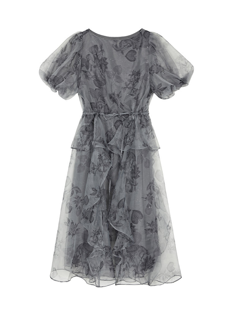 Printed Mesh Puff Short-sleeved Dress | SDEER