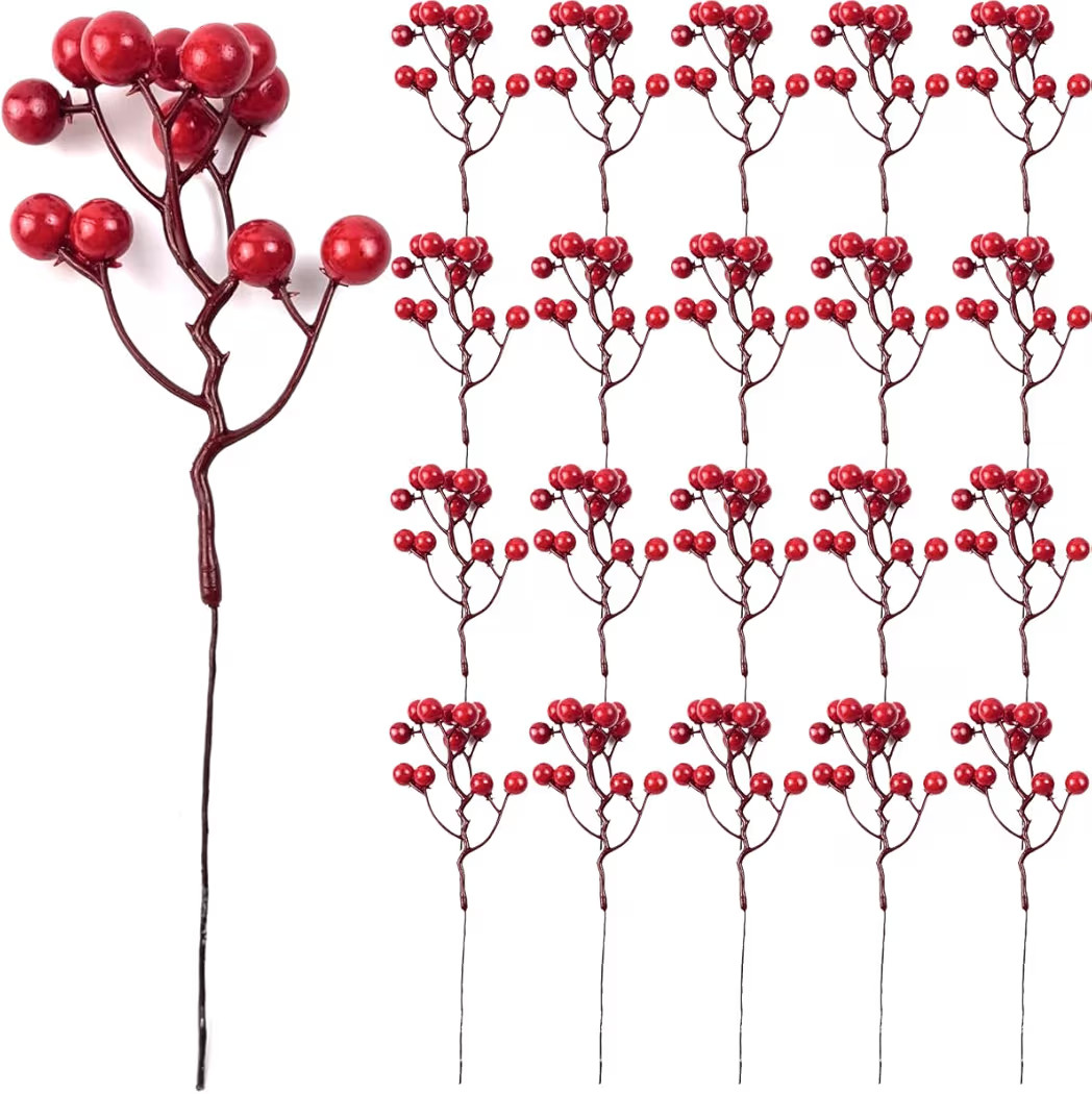 TIHOOD 25PCS Artificial Red Berry Stems 7.8inch Christmas Red Berry Picks Holly Berry Branches fo... | Amazon (US)