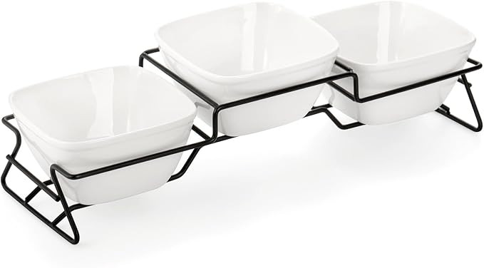 ZENFUN 10 oz Square Bowl Chip & Dip Serving Set, Pocelain Ramekin Bowls with Metal Rack Stand, Wh... | Amazon (US)