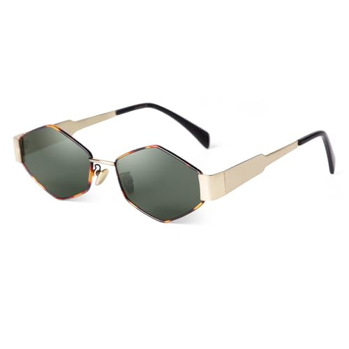 ADE WU Hexagon Sunglasses for Women Vintage Gold Geometric Shades Tortoise Metal Frame (Tortoiseshell/Green) | Amazon (US)