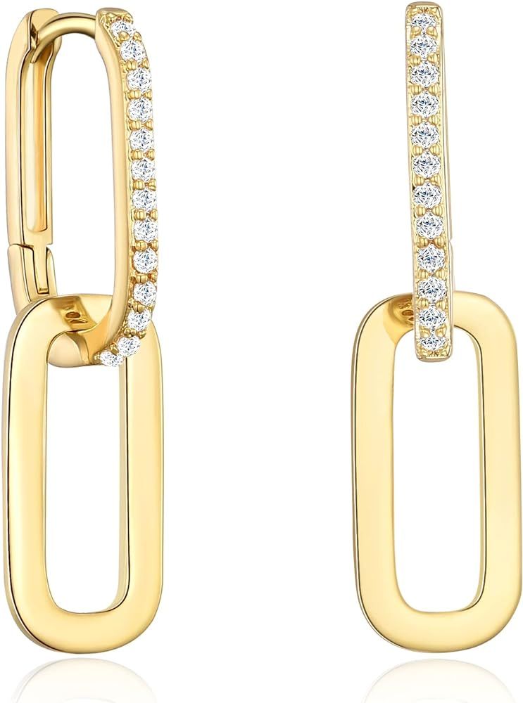 Pave Cubic Zircon Convertible Link Earrings For Women 14K Gold Hoop Earrings For Women Paperclip ... | Amazon (US)