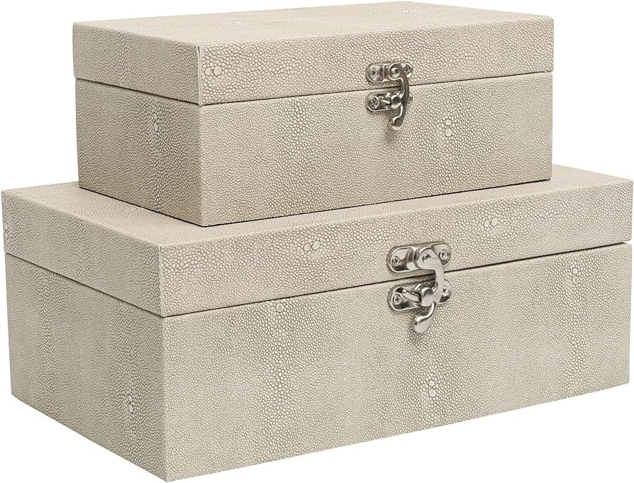 Faux Shagreen Leather Decorative Storage Boxes Set of 2, Ivory | Amazon (US)