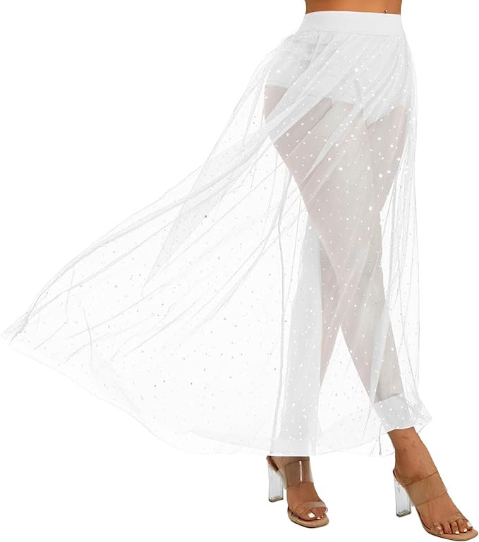 Rave Outfits for Women 2 in 1 Sheer Skirt Festival Clubwear Mesh High Waist Print A Line Maxi Ski... | Amazon (US)