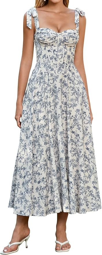 Parthea Summer Floral Corset Midi Dress A Line Tie Bow Straps Wedding Guest Dresses for Women | Amazon (US)