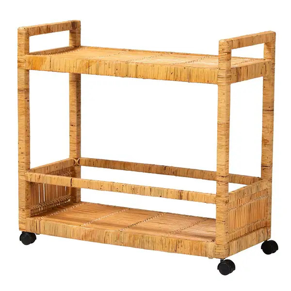 Genet Modern Bohemian Natural Brown Rattan and Teak Wood 2-Tier Kitchen Cart - Bed Bath & Beyond ... | Bed Bath & Beyond