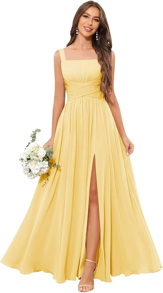 Women's Square Neck Chiffon Bridesmaid Dresses with Pockets Pleated A Line Formal Evening Dresses... | Amazon (US)