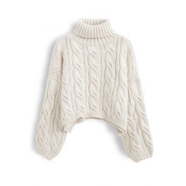 Turtleneck Braid Knit Crop Sweater in Sand | Chicwish