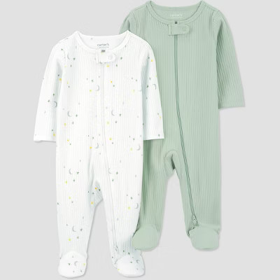 Carter's Just One You® Baby 2pk Sleep N' Play - Green/Ivory Newborn: Footed Pajamas, Two-Way Zip... | Target