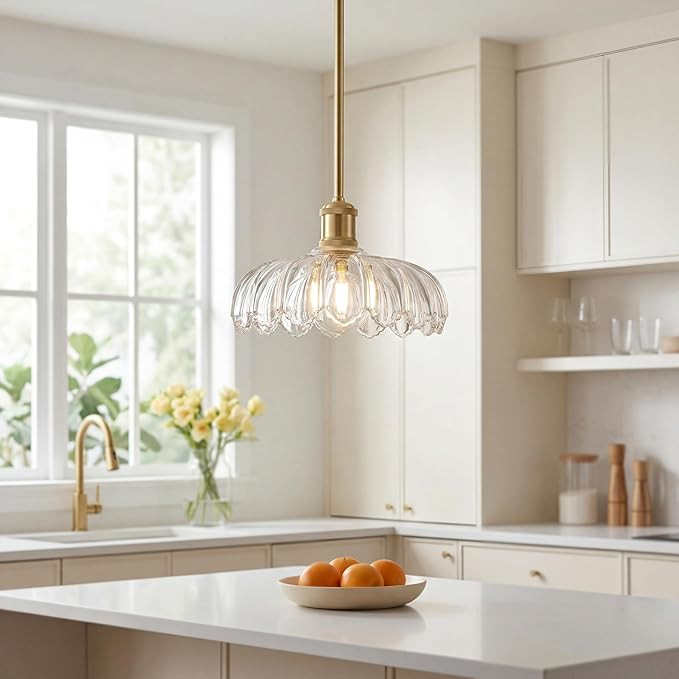 FEMILA 10.4" Gold Pendant Light, Vintage Pendant Lighting with Flower Glass, Pendant Light for Ki... | Amazon (US)