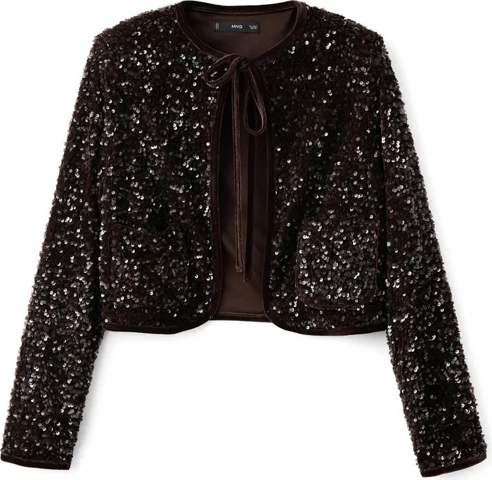 MANGO Sequin Velvet Tie Neck Jacket | Nordstrom | Nordstrom