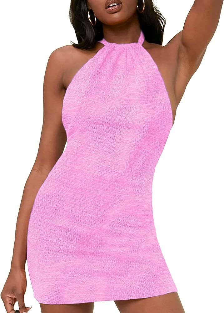 Women’s Mini Dress Knitted Backless Halter Sleeveless Shinny Club Party Holiday Beach Bodycon D... | Amazon (US)