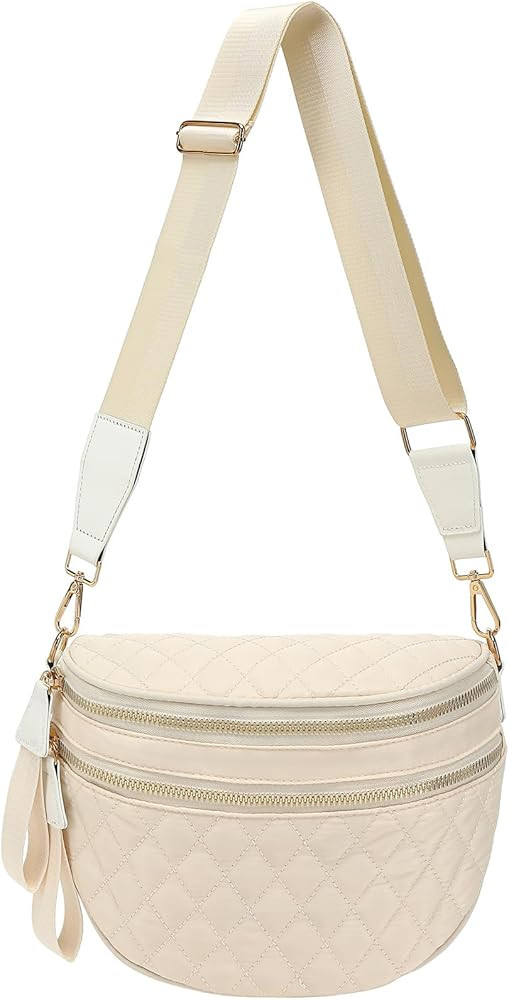 Bum Bag for Women Quilted Nylon Crossbody Shoulder Bag Large Belt Purse Fanny Packs (White) | Amazon (US)