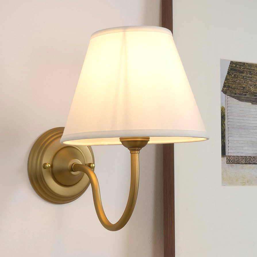 Vintage Curved Arm Fabric Wall Sconce with Linen Cloth Shade, Hardwired Indoor Single Sconce Ligh... | Amazon (US)
