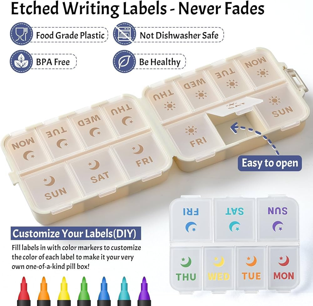 NEW Foldable & Double Protection Portable Weekly Pill Organizer 2 Times A Day with Etched Labels,... | Amazon (US)