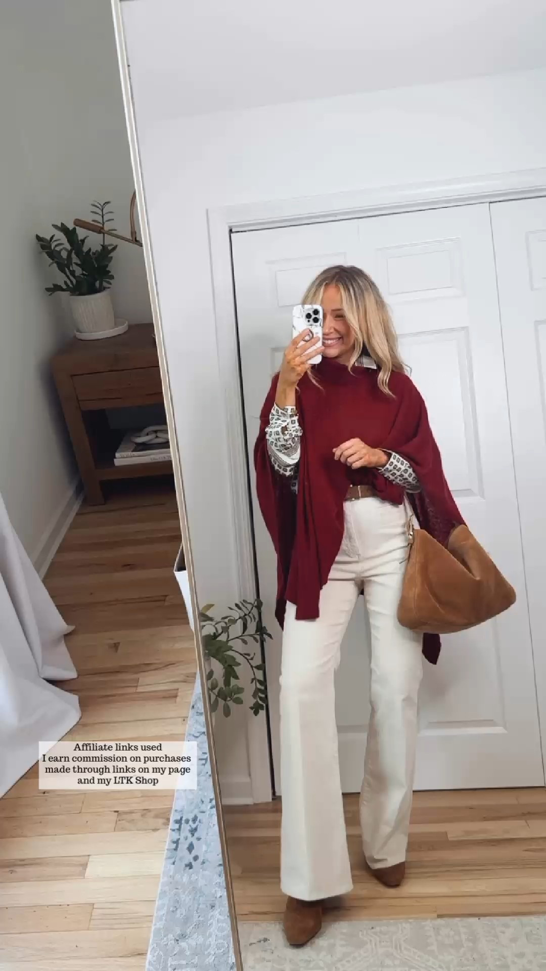 Burgundy sweater outfit for fall

Cape
Corduroy pants 