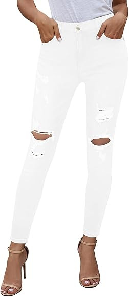 roswear Womens Ripped Mid Waist Distressed Stretch Skinny Jeans | Amazon (US)